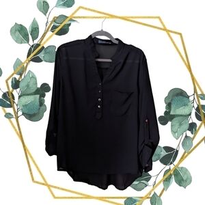 "xxxl" PTP 22.5 - Zanzea | Semi-sheer Black V-neck Henley 3/4 Sleeve Blouse